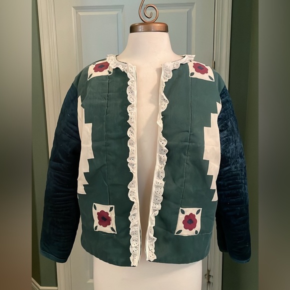Vintage Jackets & Blazers - 🌲folk Norway green & burgundy quilted jacket with velvet sleeves *firm price